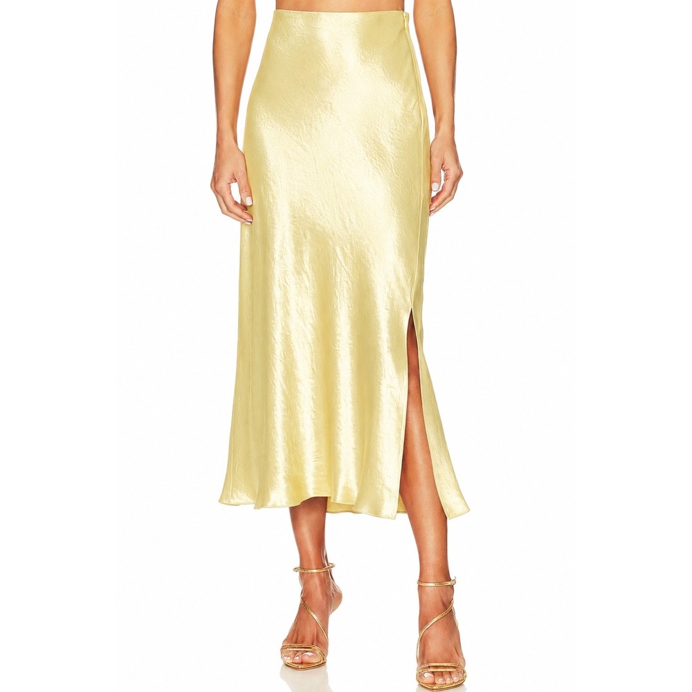 VINCE Butter Yellow Satin Side-Slit Slip Midi Skirt